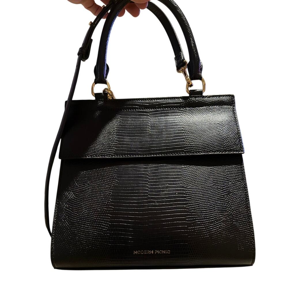 Modern Picnic Black Croc-Embossed Top Handle Shoulder Bag used once - Picture 4 of 11